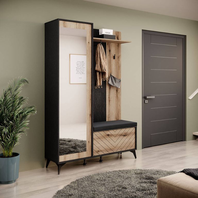Garderobe mit Sitzbank inklusive Polster schwarz, Eiche DALE-160