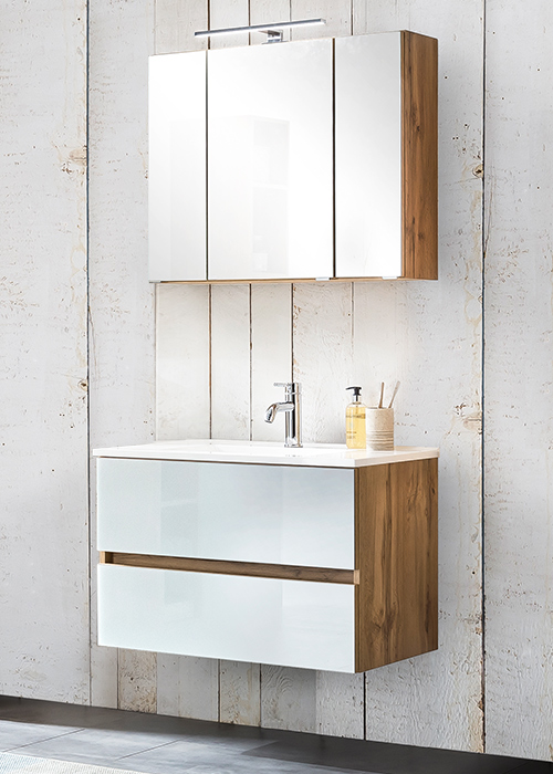 Waschplatz mit Waschtisch mit zwei Schubladen und Spiegelschrank aus der Serie HERLEEN-03
