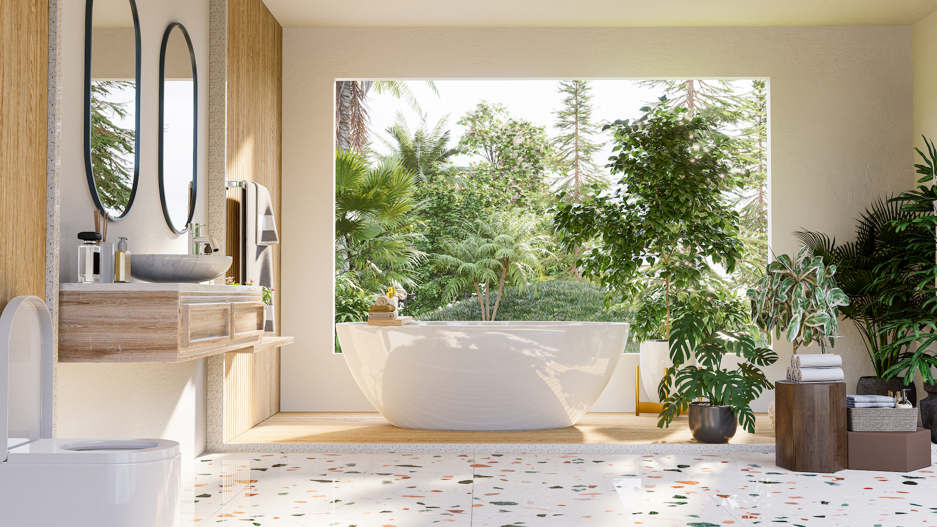 Badezimmer Trends 2022 mit viel Holz und Fliesen im Terrazzo Stil