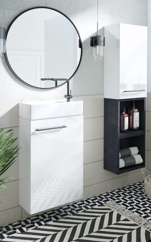 Waschbeckenunterschrank und Spiegel in weiss und schwarz
