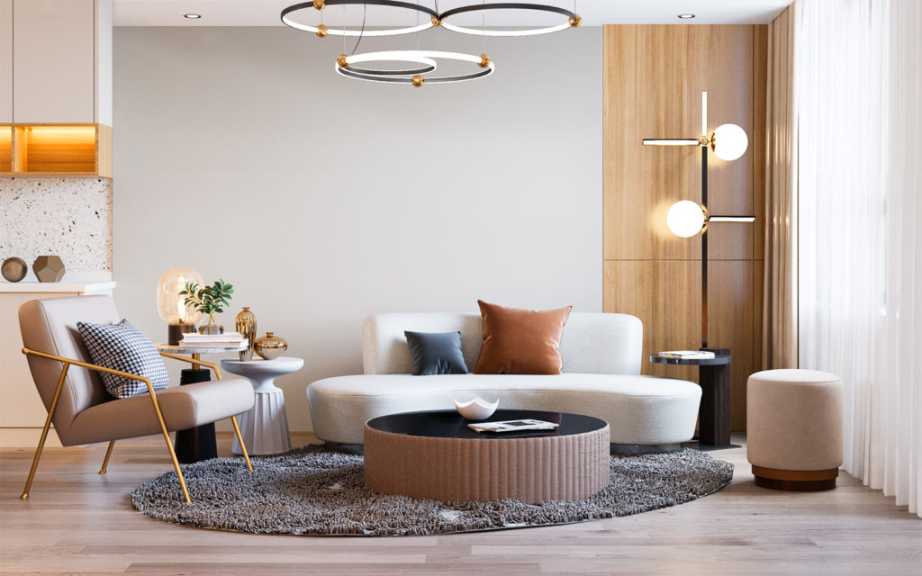 Wohnzimmer mit rundem Teppich und runden Wohnaccessoires, abgerundetem Sofa und Sessel und kreisförmigen Lampen