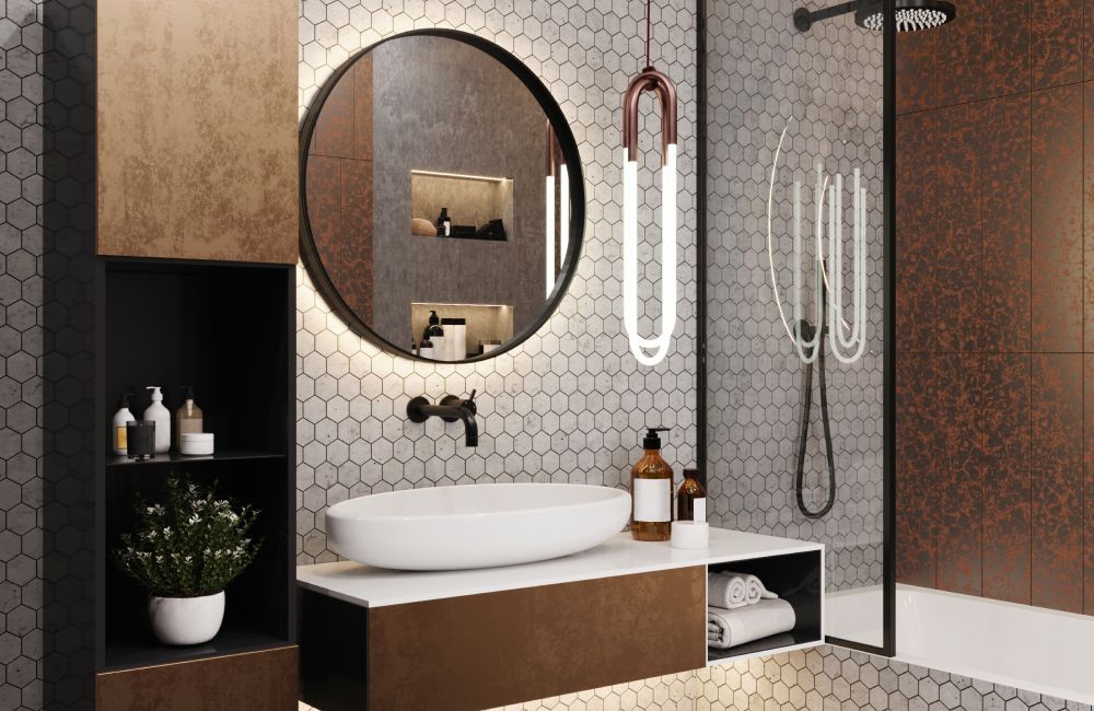 Kleines Bad renovieren Ideen mit großem Spiegel und moderner Duschwanne