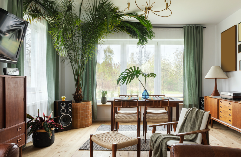 Wohnzimmer mit vielen Pflanzen und großer Palme