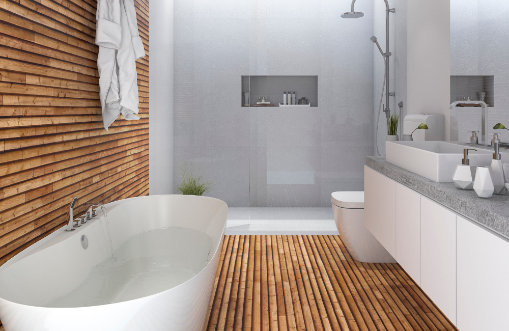 Modernes Badezimmerdesign mit viel Holz