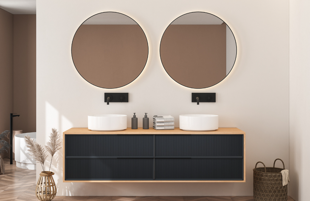 Runde Spiegel und moderner Badunterschrank