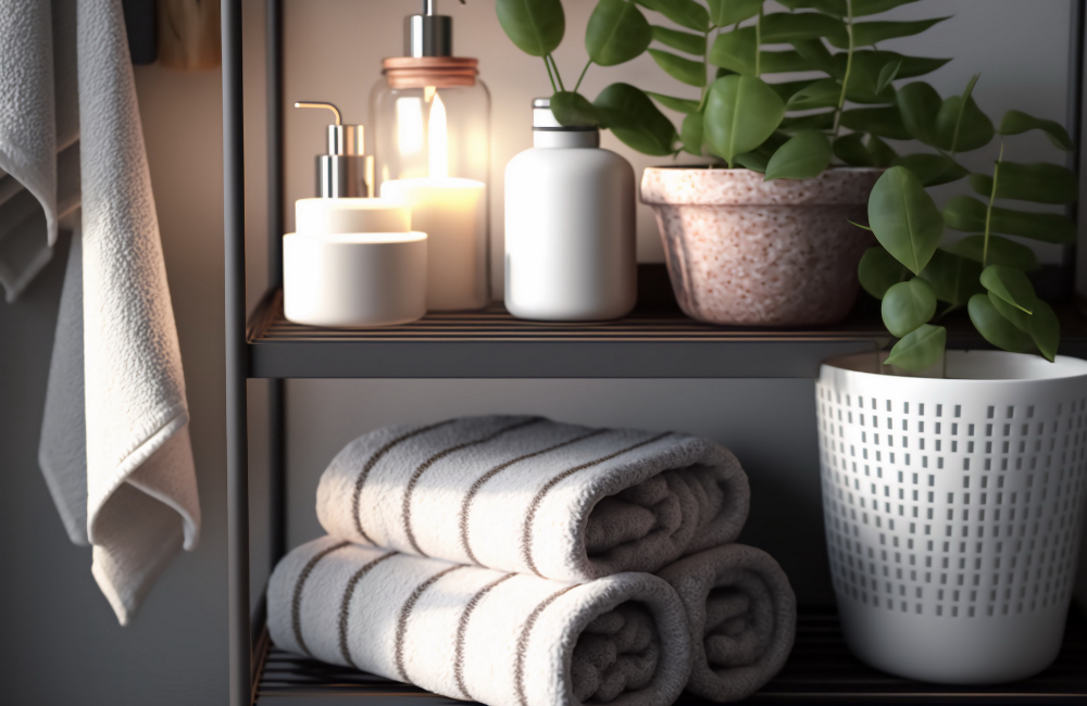 Zusammengerollte Handtücher, Kerzen und Pflanzen sind die perfekte Badezimmer Deko