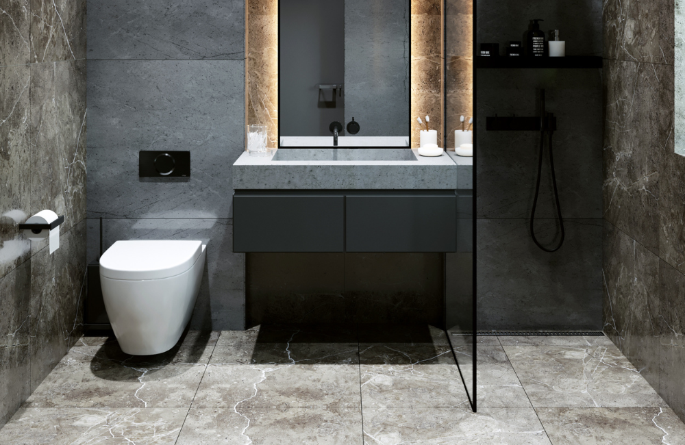 Modernes Design im Gäste-WC mit schwarzem Unterschrank für die Wandmontage