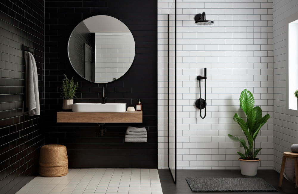 Moderne Dusche und kontrastreiche Wandgestaltung sorgen für ein echtes Highlight im Raum