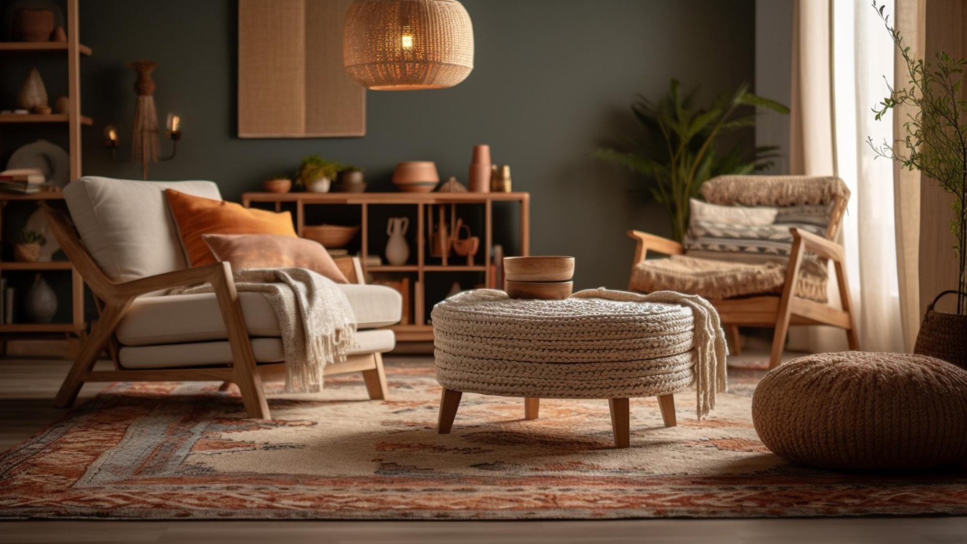 Boho Wohnzimmer mit modernen Möbel aus Naturmaterialien