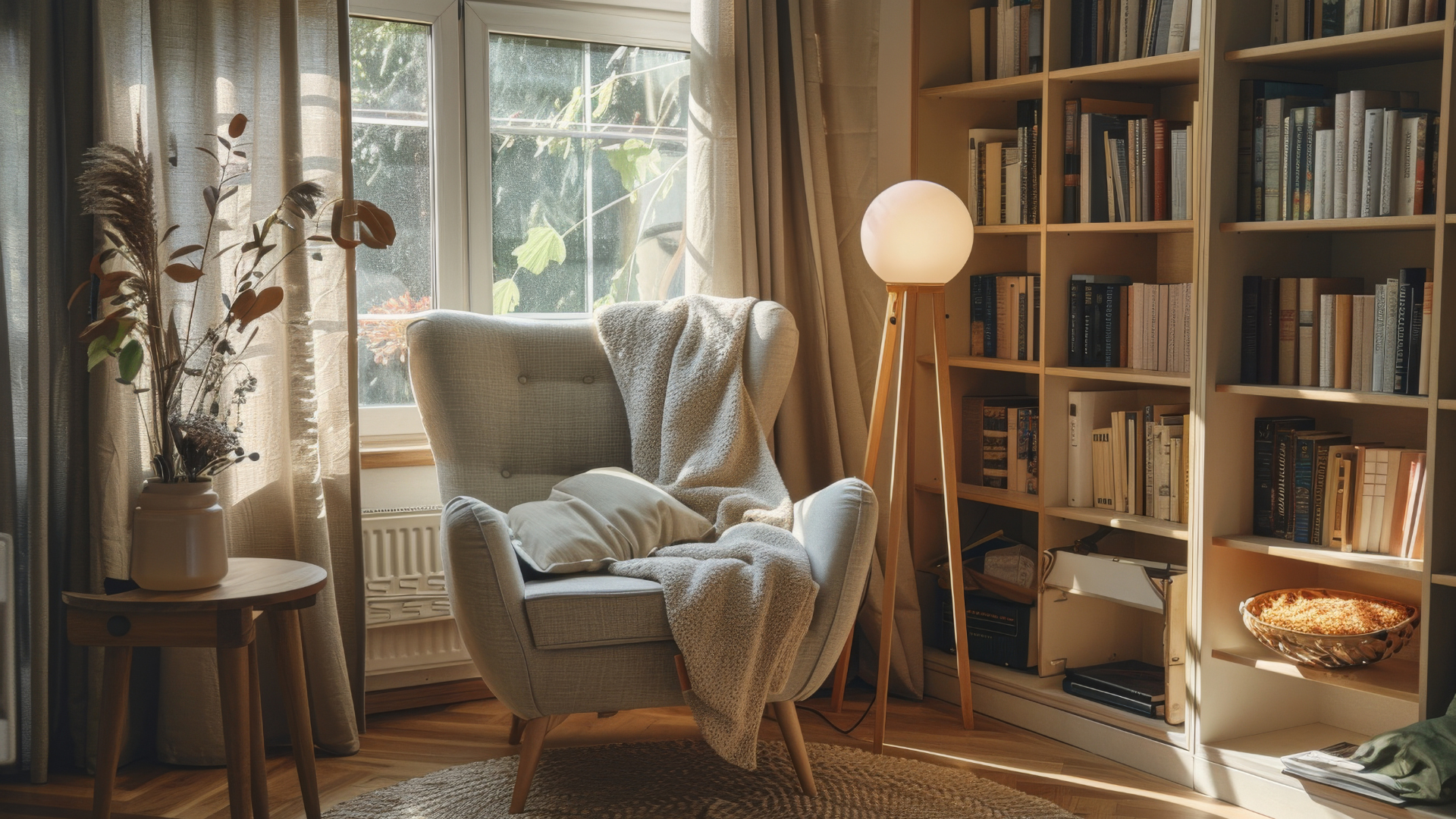 Leseecke vor einem Fenster mit Sessel, Lampe und Bücherregal