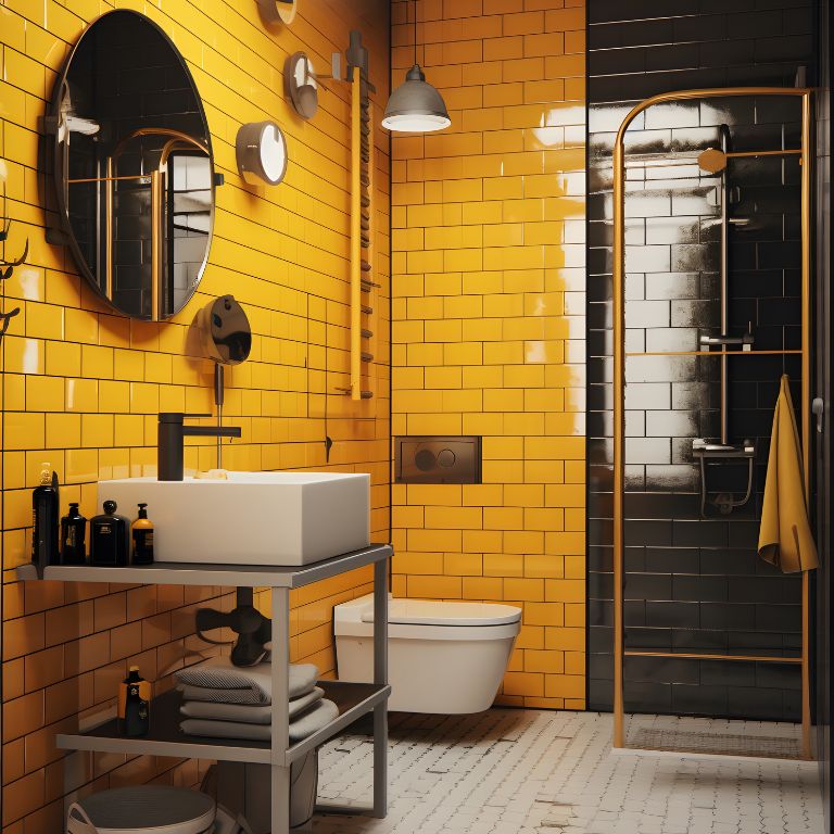 Badezimmer im Loft-Style mit gelben Metro-Fliesen