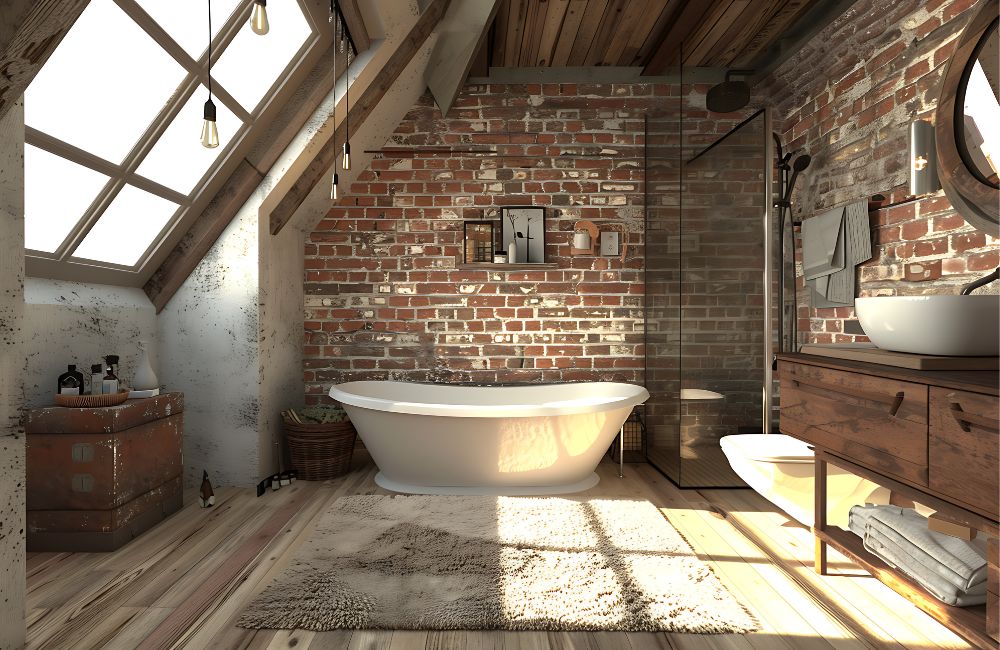 Ziegelsteine für das Industrial Badezimmer - Ist kein Mauerwerk vorhanden, kannst du mit einer Tapete einen änlichen Look erzielen!